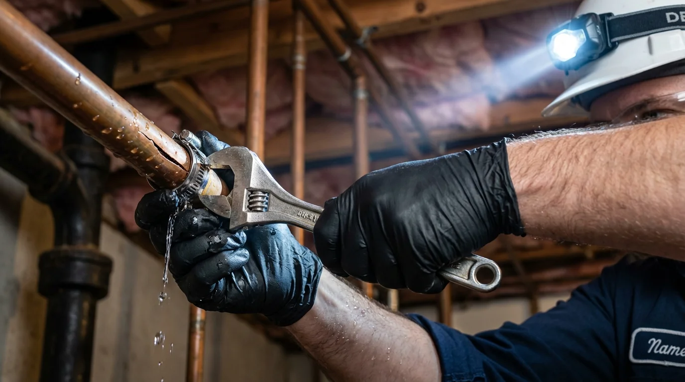 Emergency pipe clamp repair being performed by a Johns Plumbing LLC plumber in Bullhead City