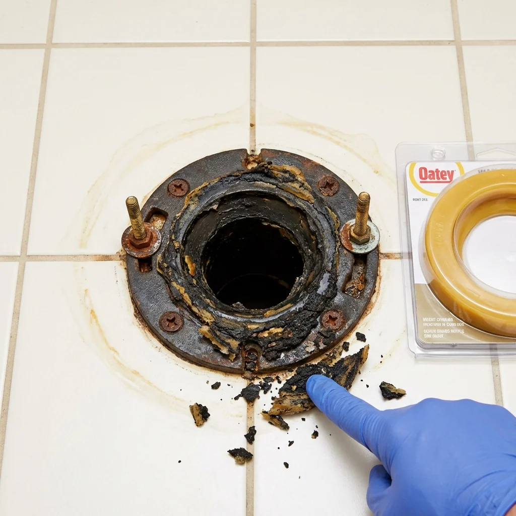 Failed wax ring showing water seepage at the base of a toilet in a Bullhead City, AZ home