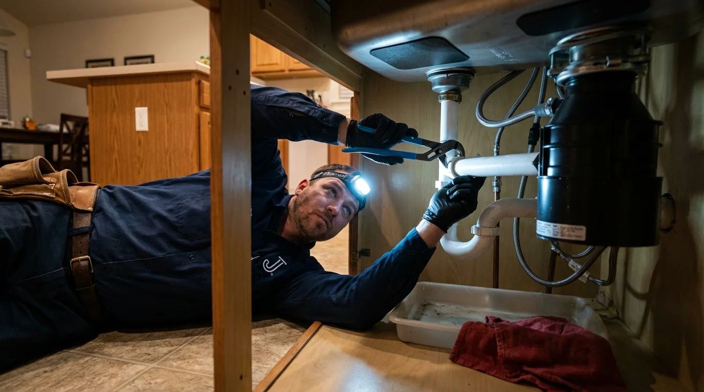 P-trap and supply line connections under a kitchen sink showing a common leak point in Bullhead City, AZ